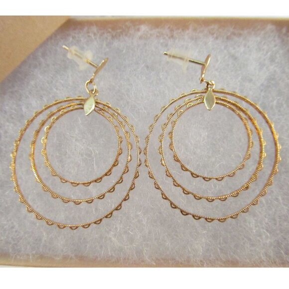 14k Yellow Gold Pierced Earring Decorative Triple Hoops - Picture 1 of 16